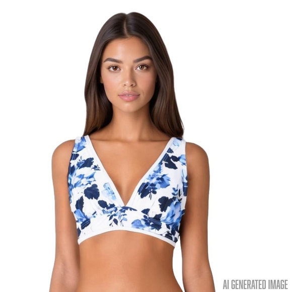 Tommy Hilfiger Blue Tropical Floral Wide Strap Bikini Swim Top Large Swimsuit - Picture 1 of 9